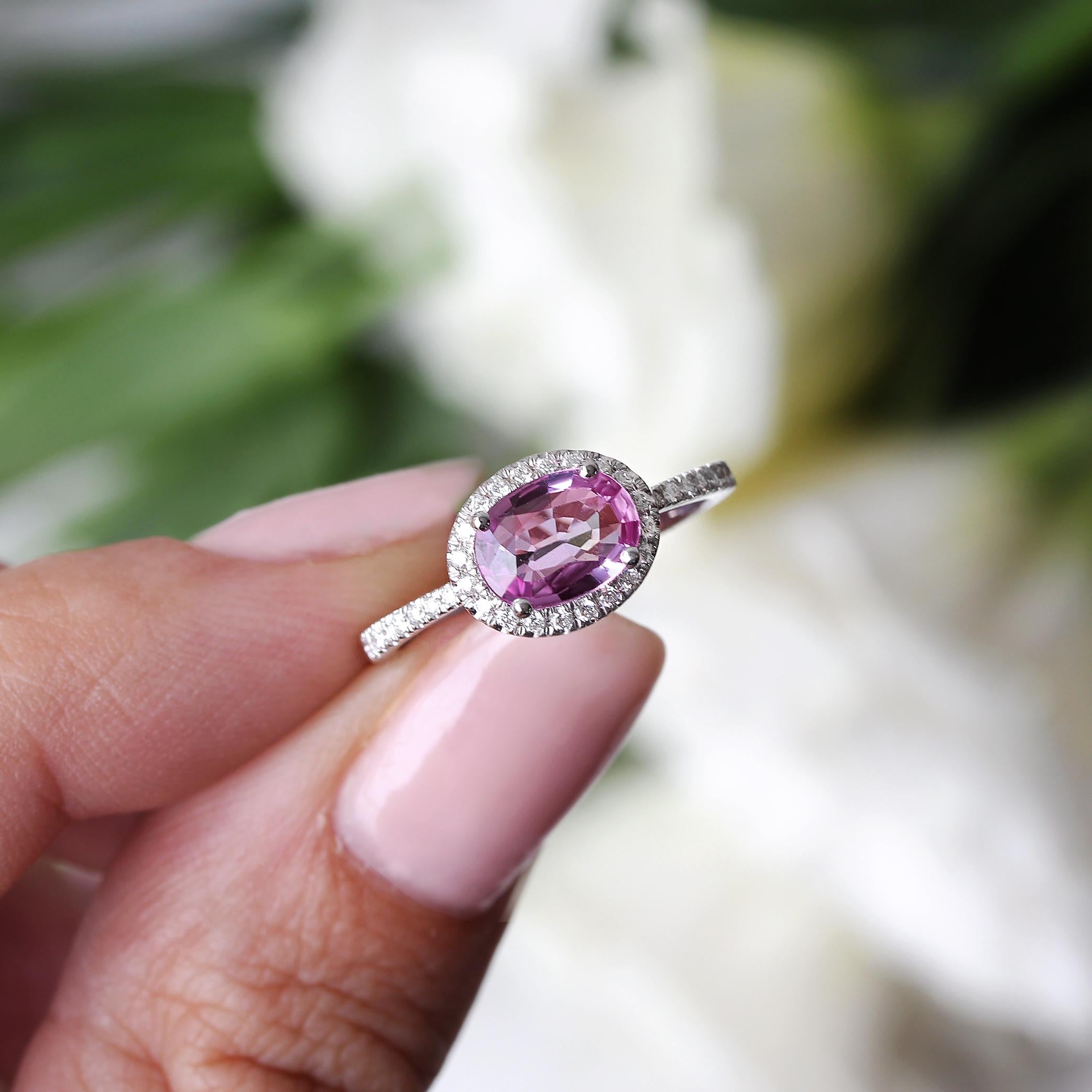 Contemporary Oval Pink Sapphire Diamond Halo Unique East West Blushed Engagement Ring Ivy For Sale
