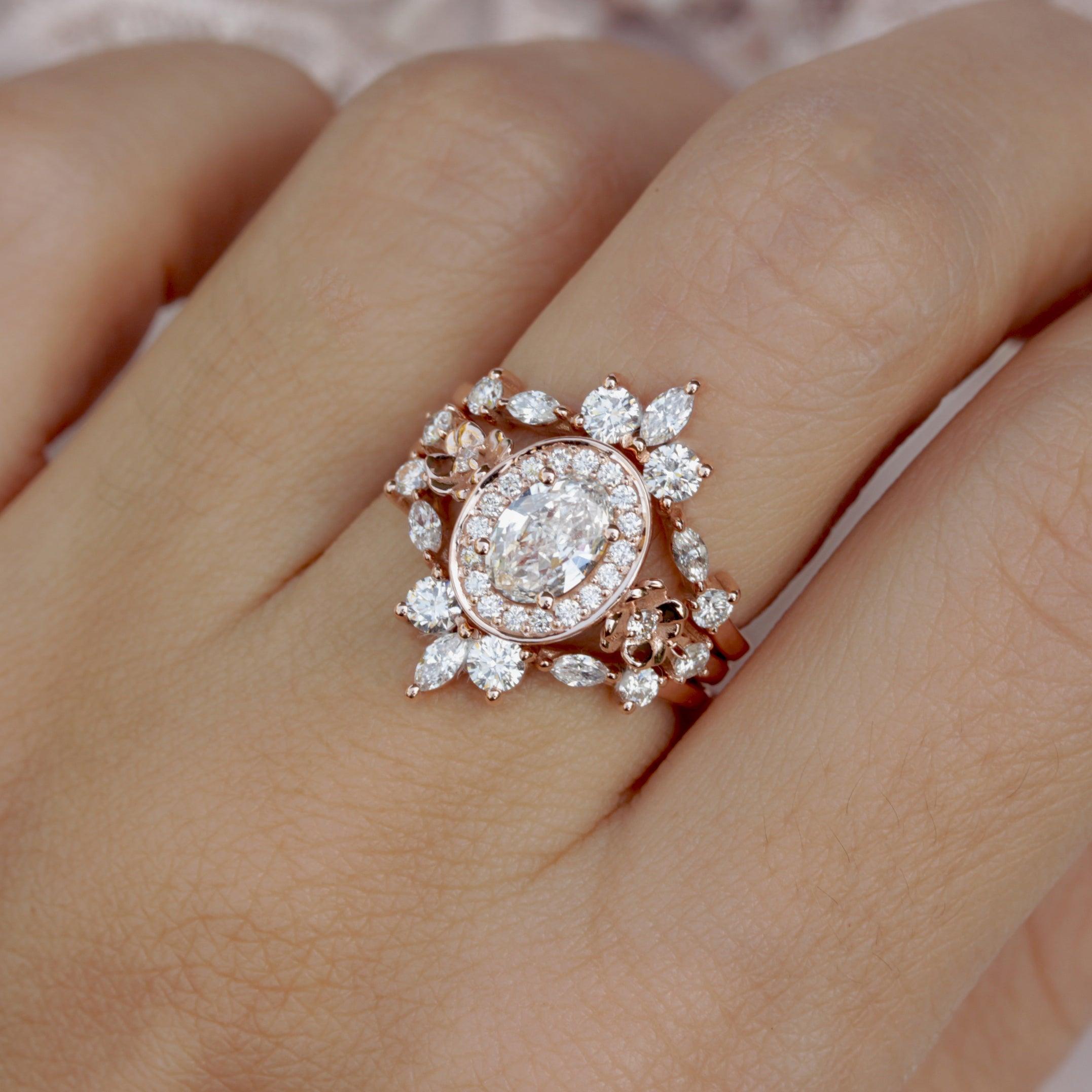 Art Deco Oval Moissanite Diamond Halo with Flower Band Unique Engagement Ring - 