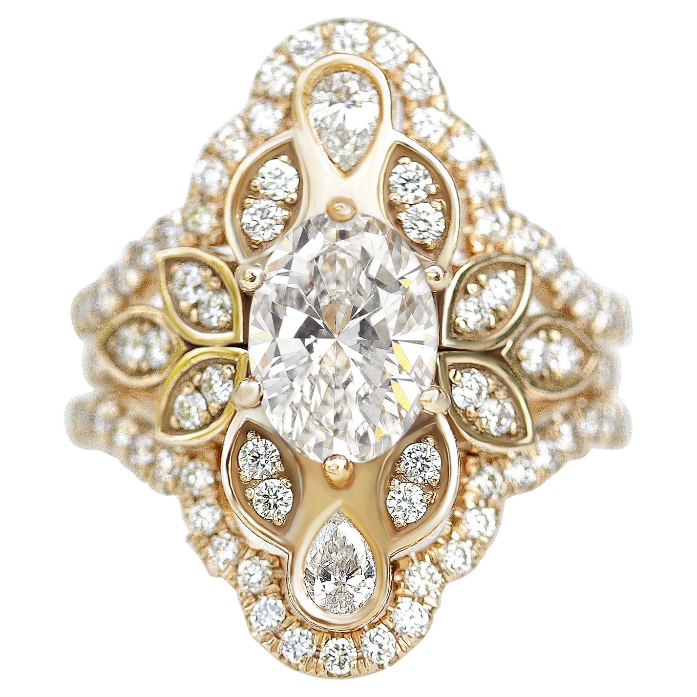 Oval Moissanite Flower Engagement Ring With Pave Diamond Ring Guard Lily #4 For Sale