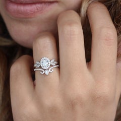 Oval Moissanite Halo Floral Engagement Three Rings Set - Minimal Lily & Ariana