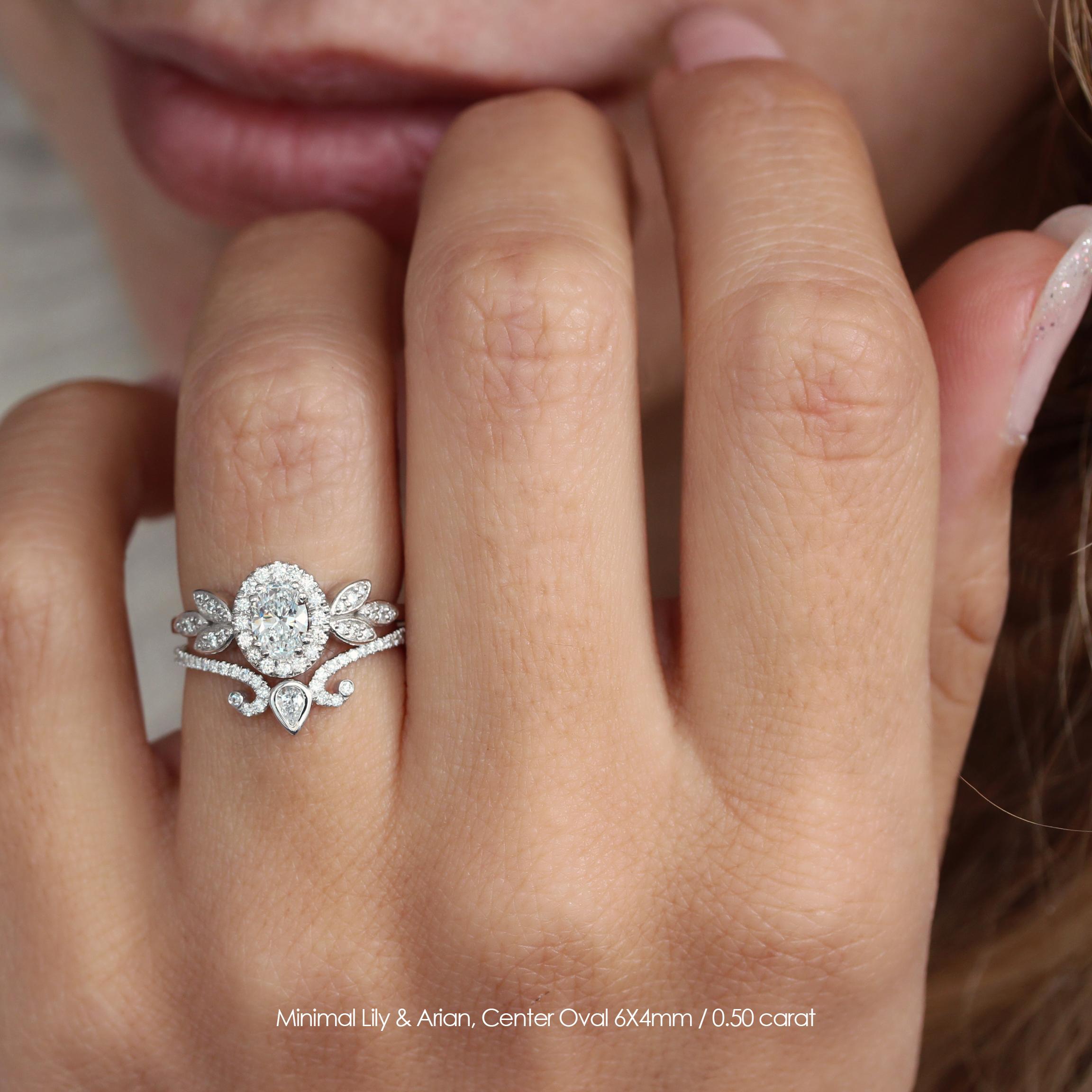 Art Deco Oval Moissanite Halo Floral Engagement Three Rings Set - Minimal Lily & Ariana For Sale