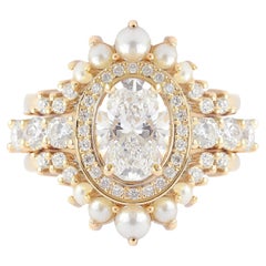 Oval Moissanit Einzigartiger Verlobungsring Perle Nesting Band Dreier-Ring Set