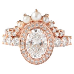 Oval Moissanite Unique Engagement Ring with Pearl Nesting Band - Two Ring Set