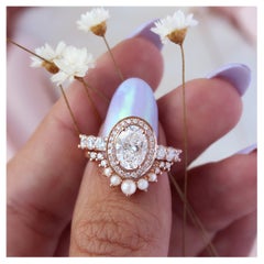 Oval Moissanite Unique Engagement Ring with Pearl Nesting Band - Two Ring Set