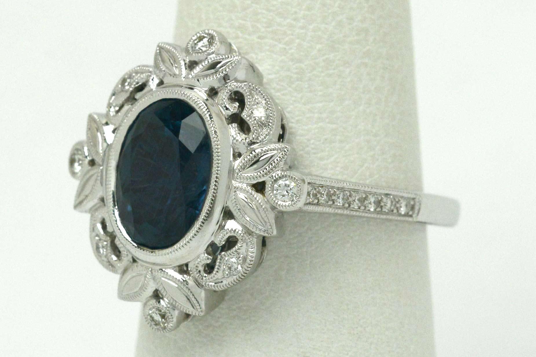 Contemporary Oval Montana Blue Sapphire Diamond Edwardian Style Engagement Ring White Gold