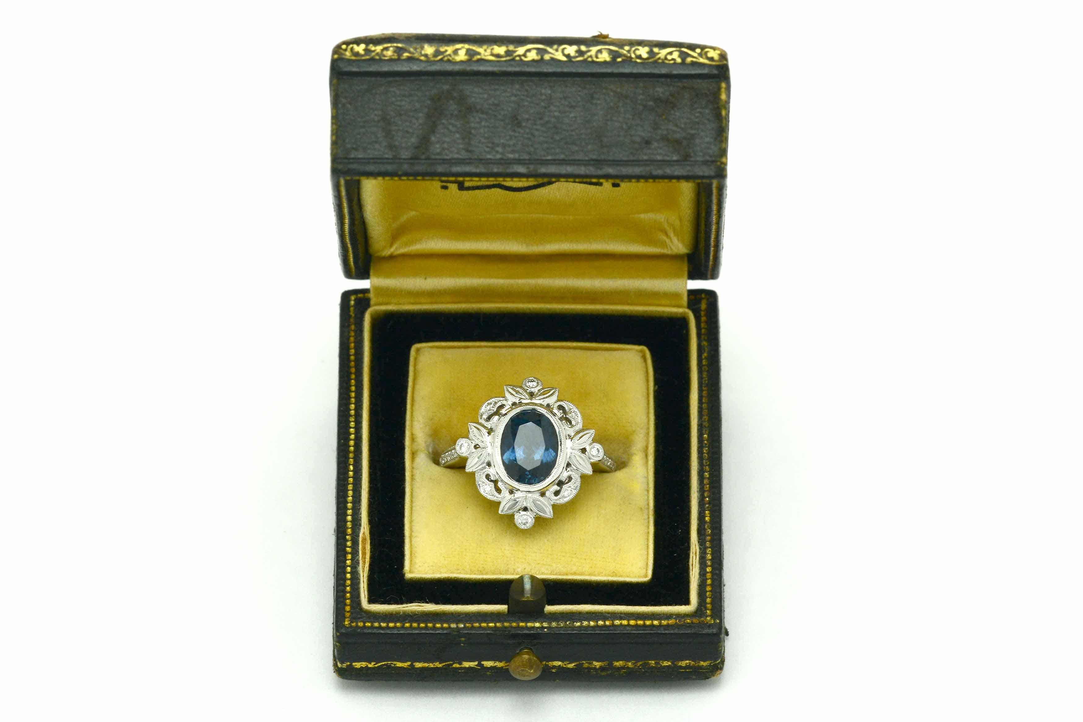 Women's Oval Montana Blue Sapphire Diamond Edwardian Style Engagement Ring White Gold