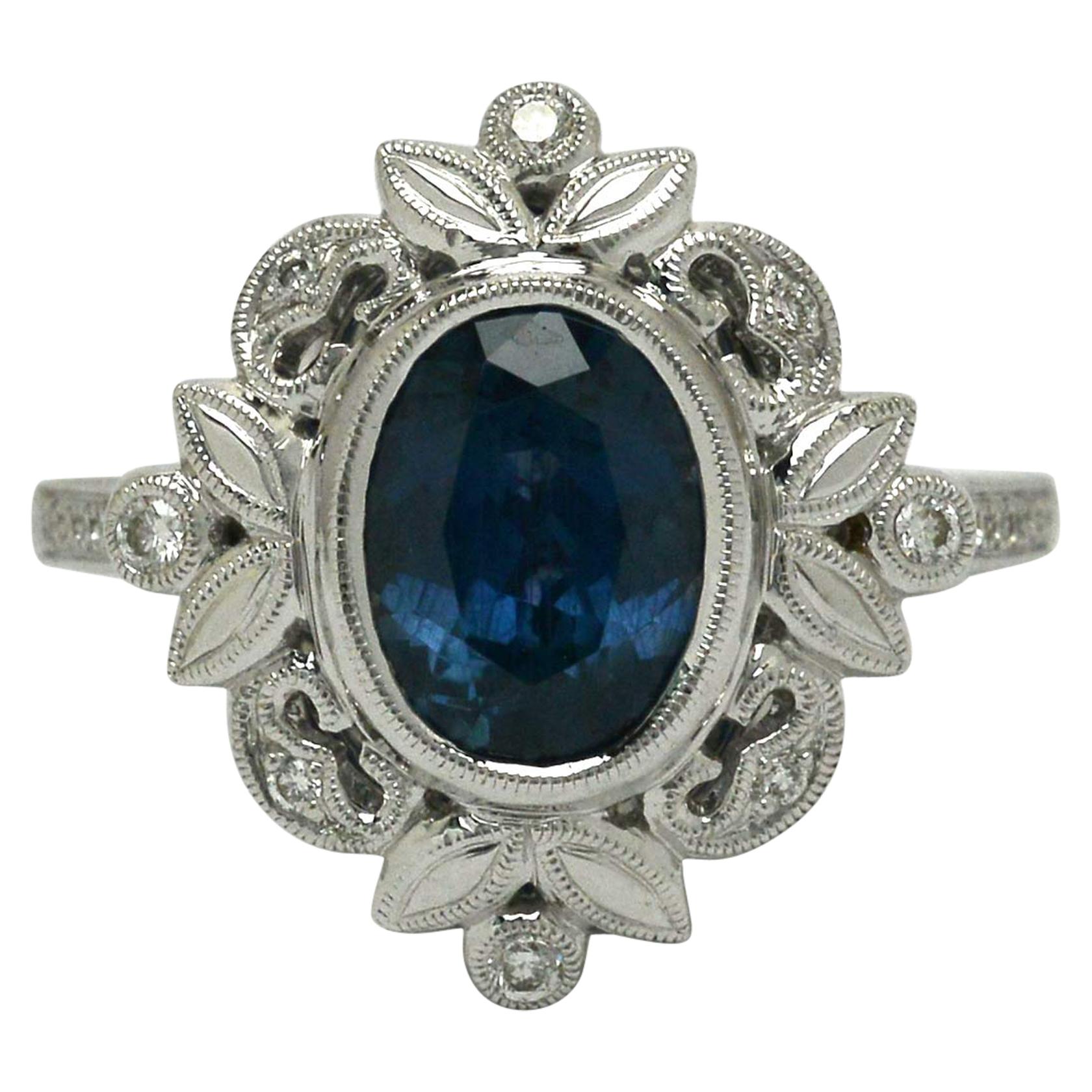Oval Montana Blue Sapphire Diamond Edwardian Style Engagement Ring White Gold