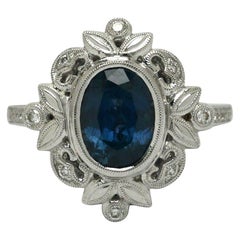 Oval Montana Blue Sapphire Diamond Edwardian Style Engagement Ring White Gold