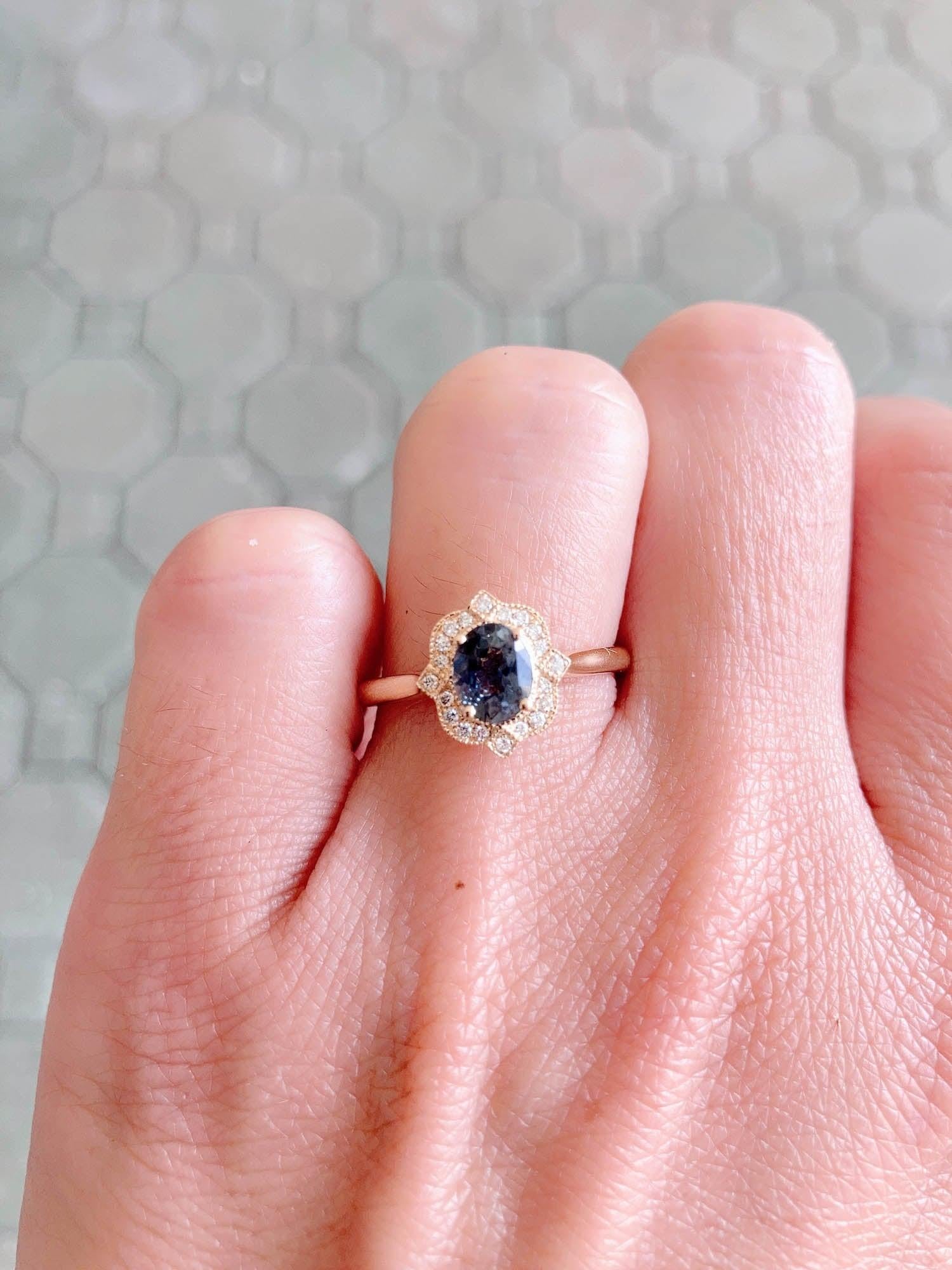 Women's Oval Montana Sapphire Vintage Inspired Diamond Halo 14k Gold Engagement Ring
