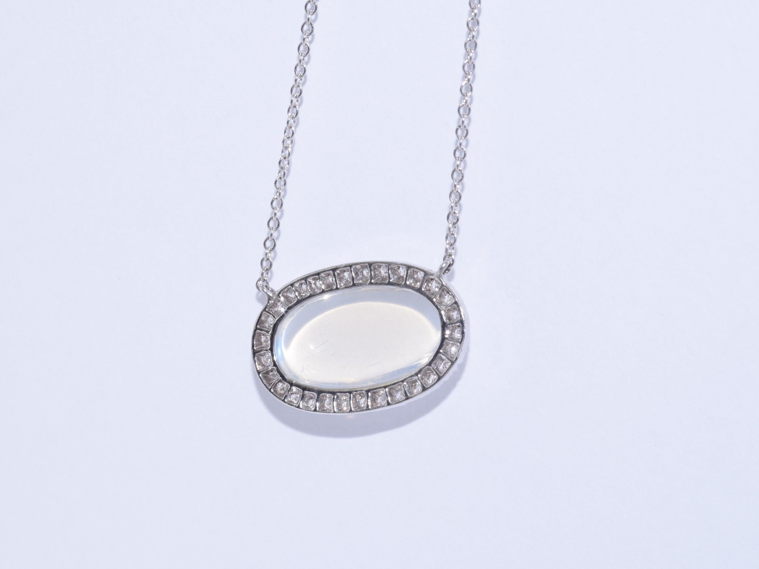 Cabochon Oval Moonstone and Diamond Pendant Necklace