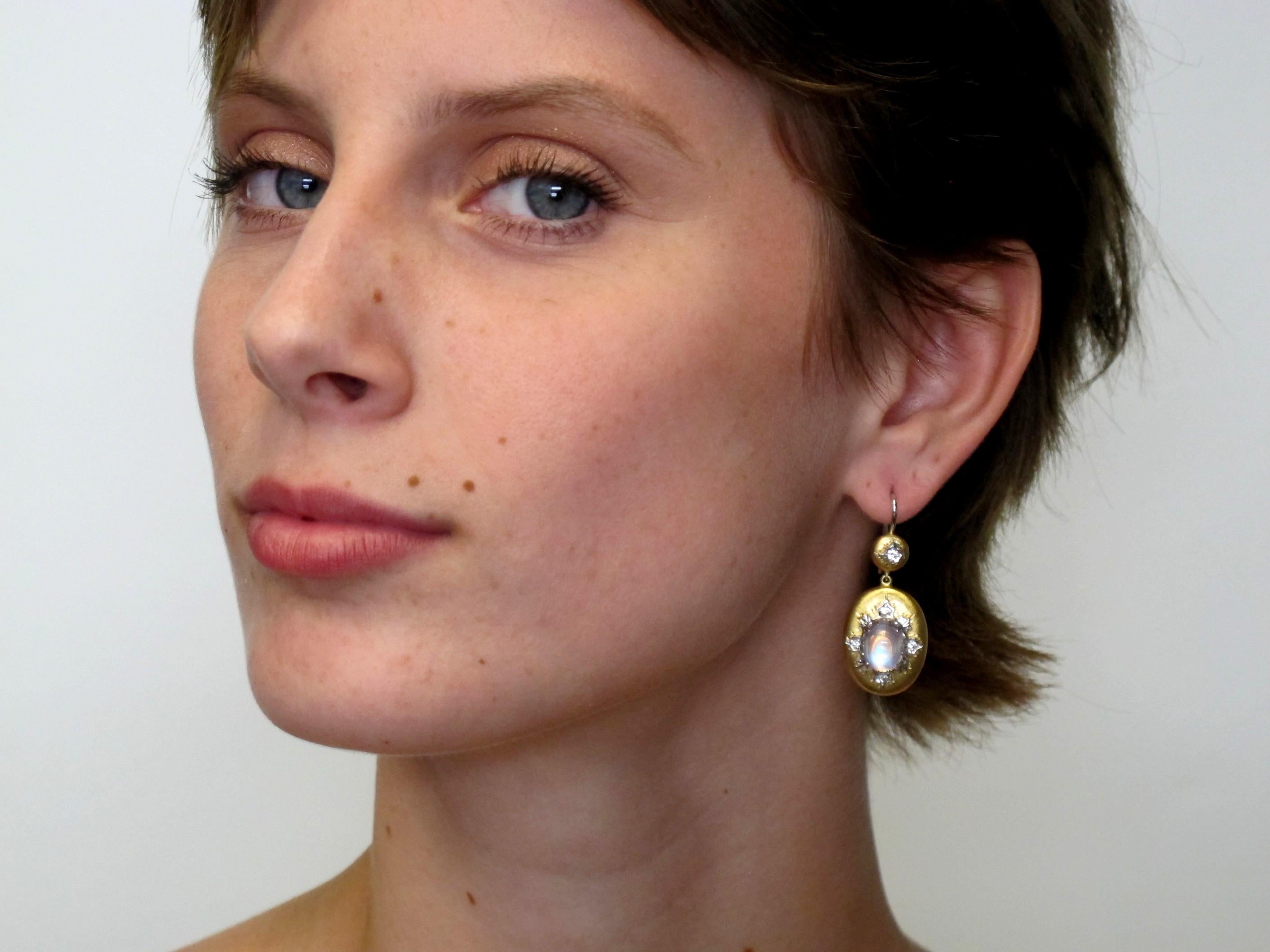 Artisan Moonstone Cabochon and Diamond Hand Engraved 18k Gold Dangle Earrings