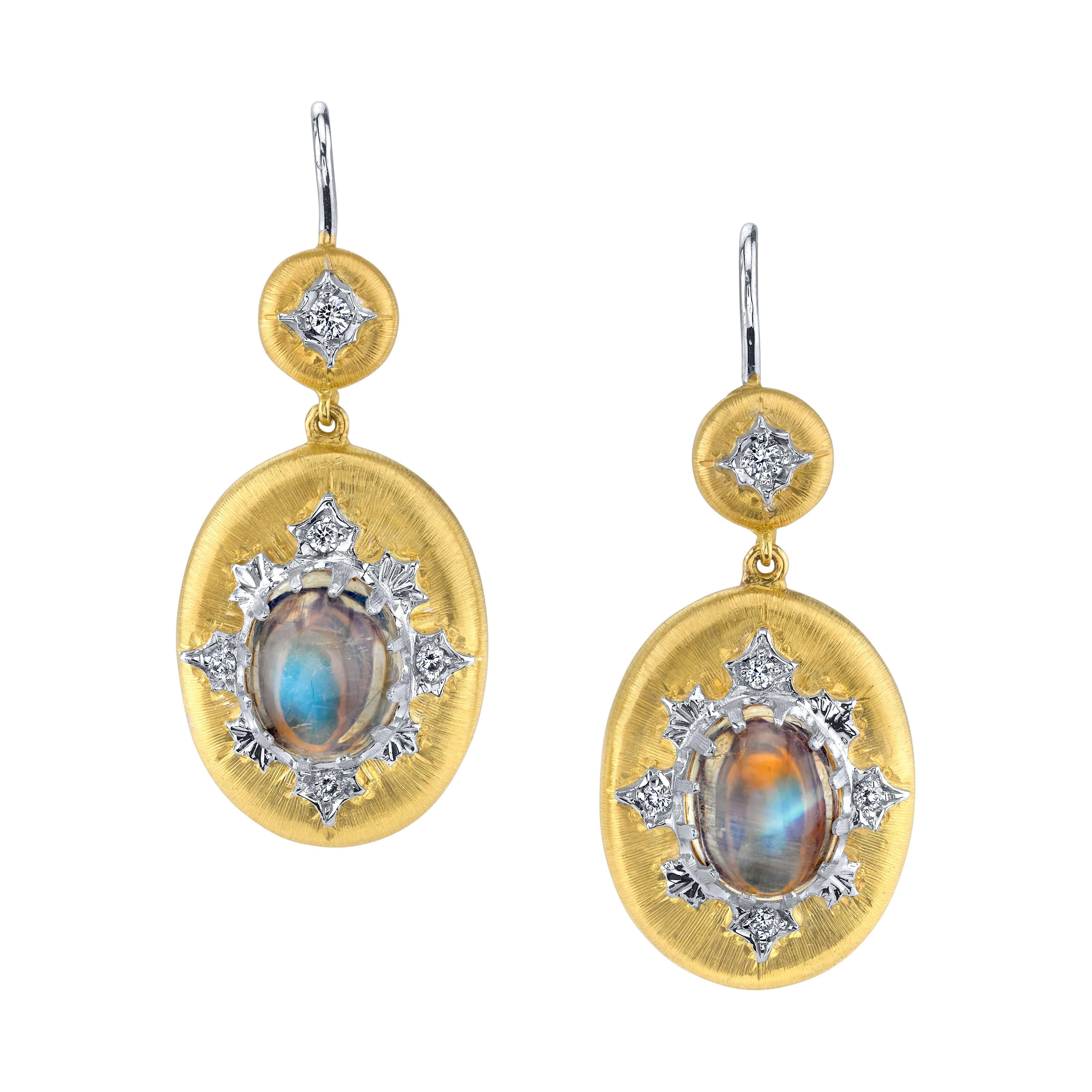 Moonstone Cabochon and Diamond Hand Engraved 18k Gold Dangle Earrings