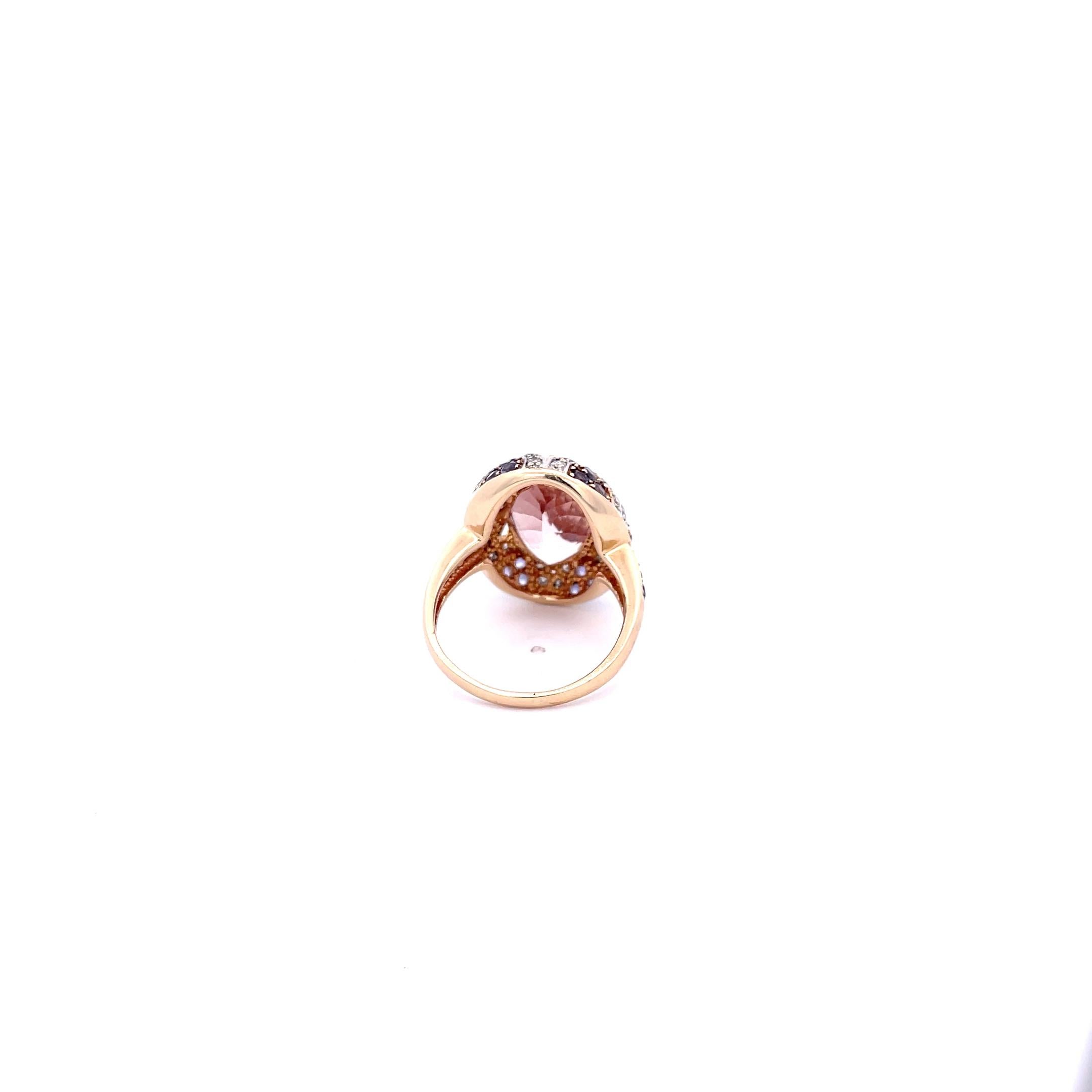 Bague ovale Morganite Améthyste Diamant en or jaune 14K. Bague taille 9.