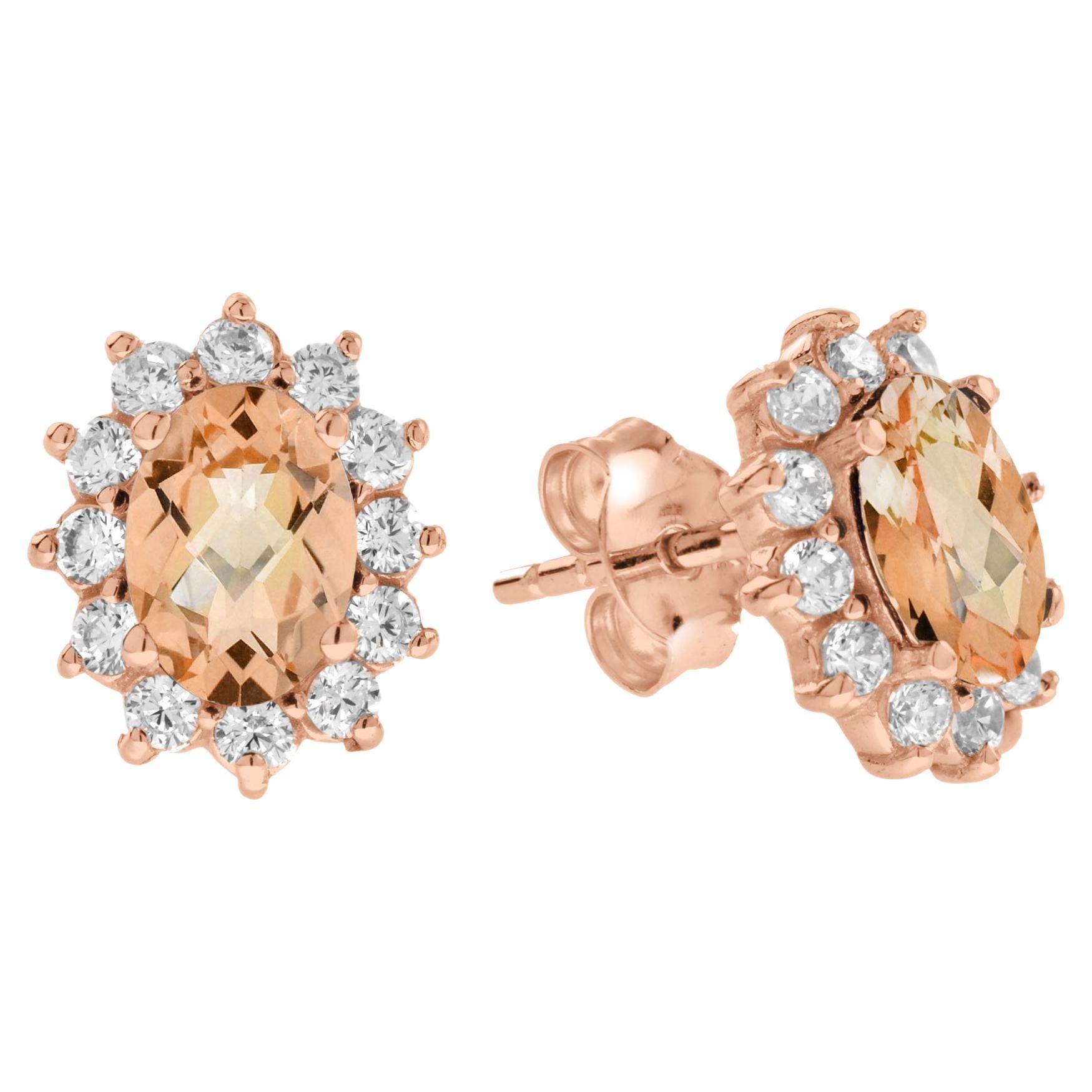 Oval Morganite and Diamond Halo Stud Earrings in 18K Rose gold For Sale