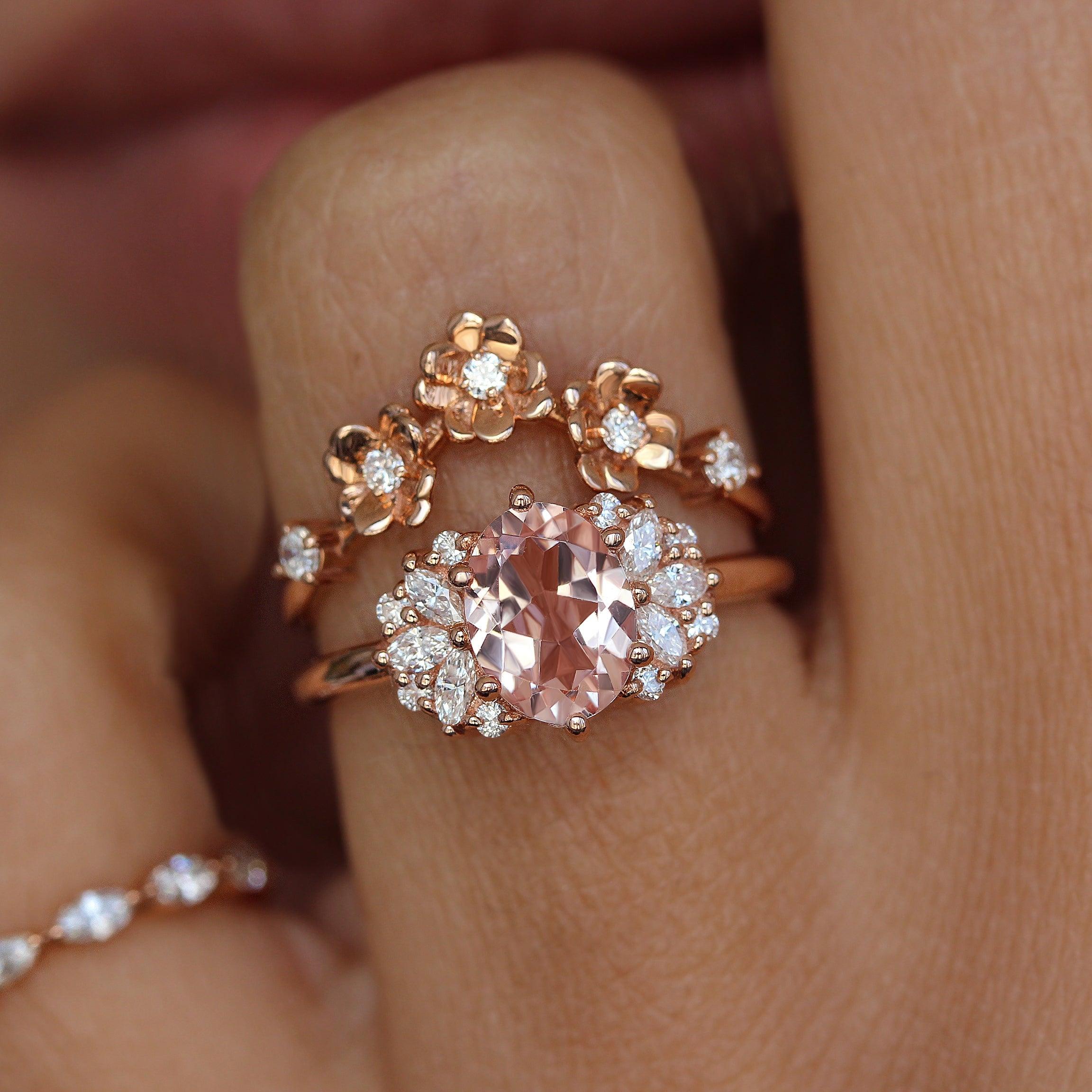 Beautiful oval Morganite and Marquise Diamonds Engagement Ring, 