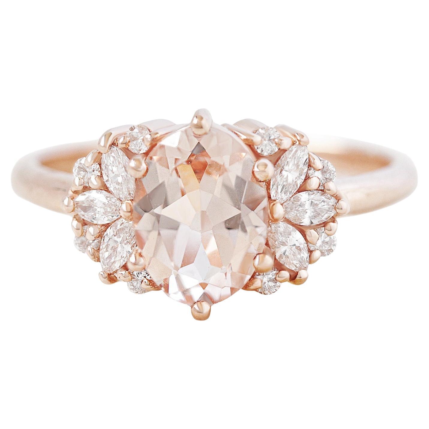 Oval Morganite and Marquise Diamonds Engagement Ring, 14k Rose Gold, 'Rosalia' For Sale