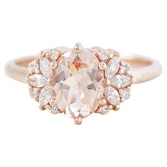 Oval Morganite and Marquise Diamonds Engagement Ring, 14k Rose Gold, 'Rosalia'