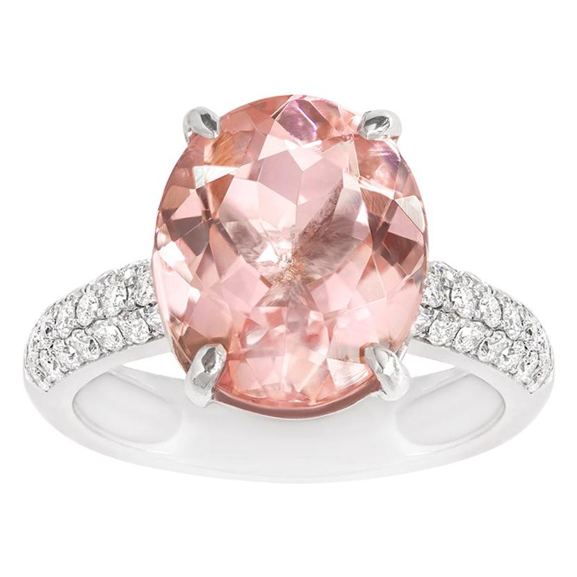 Oval Morganite Claw Set Ring with Pave Diamond Band Set in 18 Carat White Gold