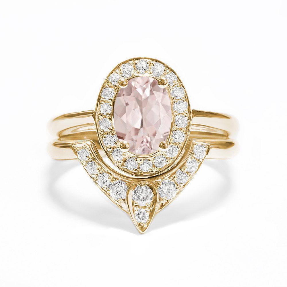 Art Deco Oval Morganite Diamond Halo Unique Engagement Two Ring Set - The 3rd Eye For Sale