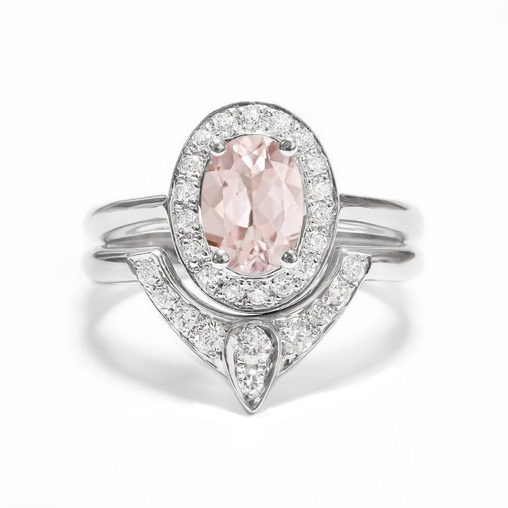 Oval Cut Oval Morganite Diamond Halo Unique Engagement Two Ring Set - The 3rd Eye For Sale