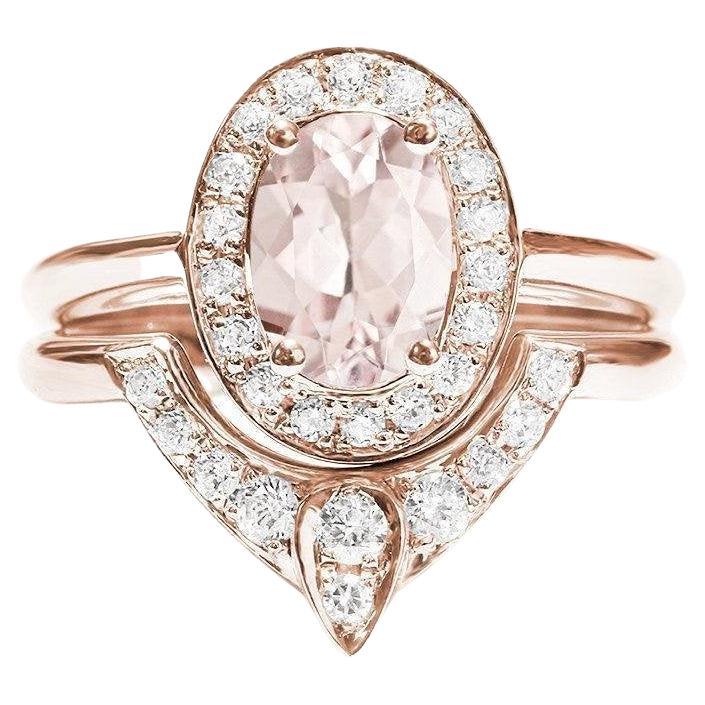 Oval Morganite Diamond Halo Unique Engagement Two Ring Set - The 3rd Eye For Sale