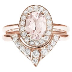 Oval Morganite Diamond Halo Unique Engagement Two Ring Set - The 3rd Eye