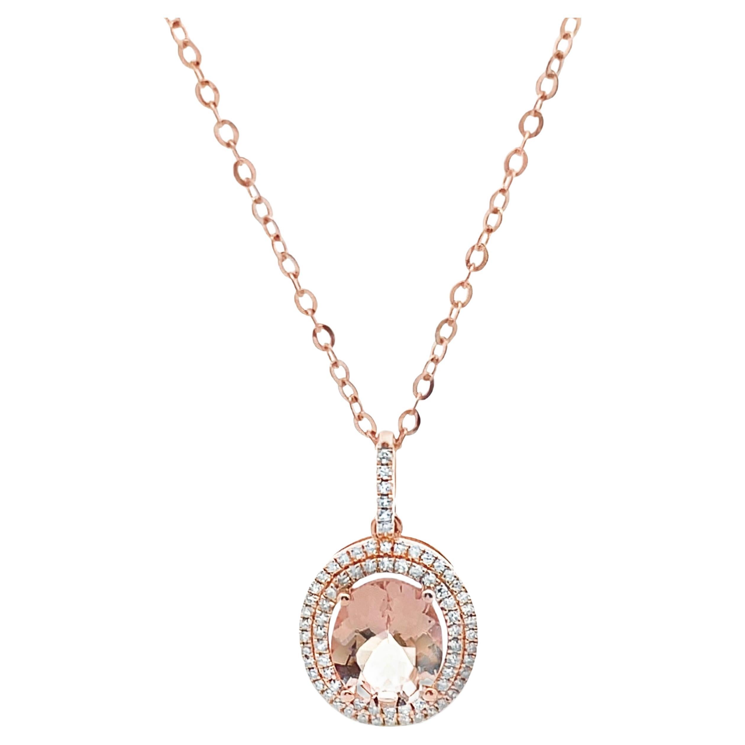 Oval Morganite Pendant Necklace in 14K Rose Gold with Double Halo Diamonds