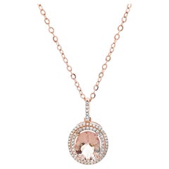 Oval Morganite Pendant Necklace in 14K Rose Gold with Double Halo Diamonds
