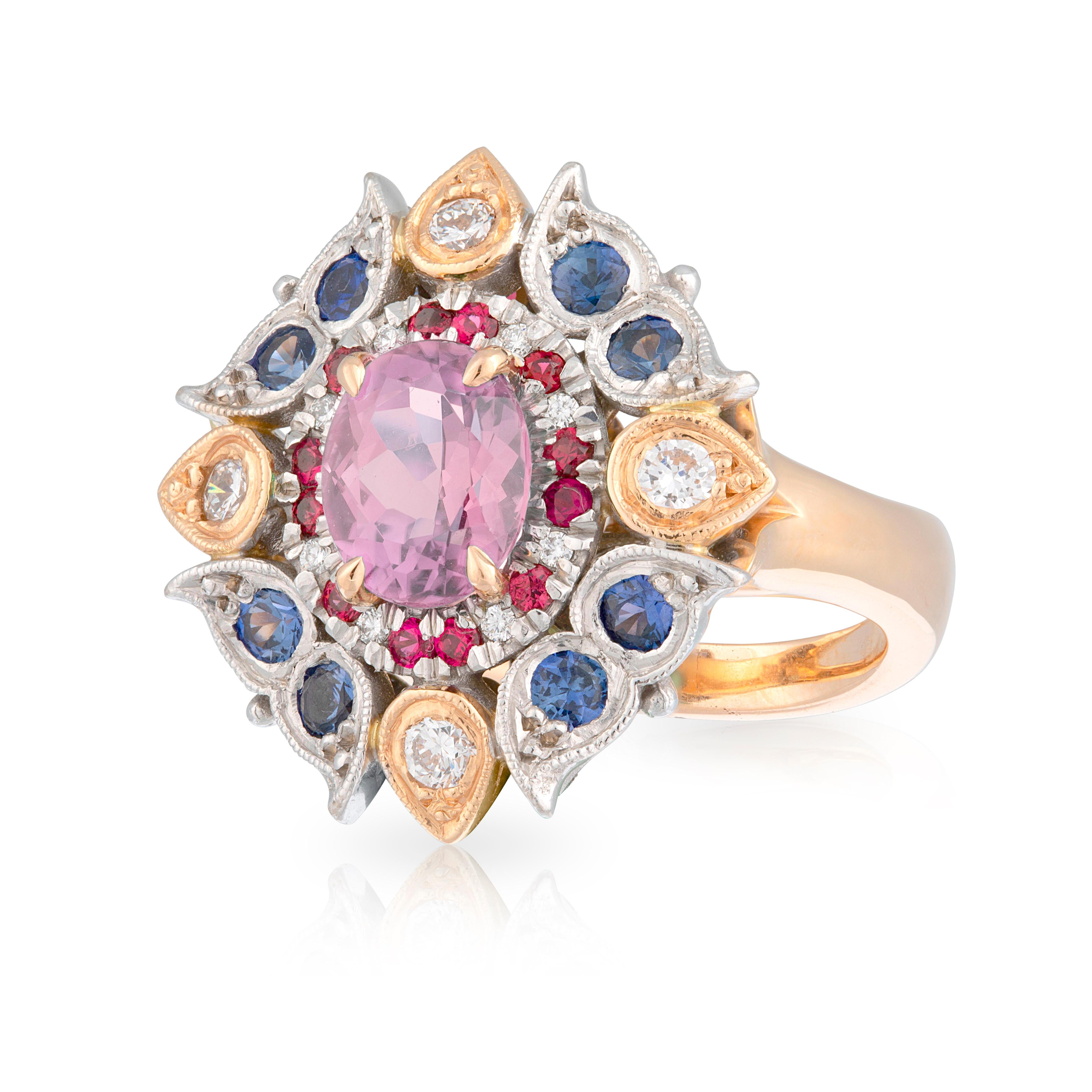 Handmade 18ct Rose and White Gold Oval Morganite, Purple/Blue Sapphire, Pink Spinels and Diamond Dress Ring. TDW 0.34ct.