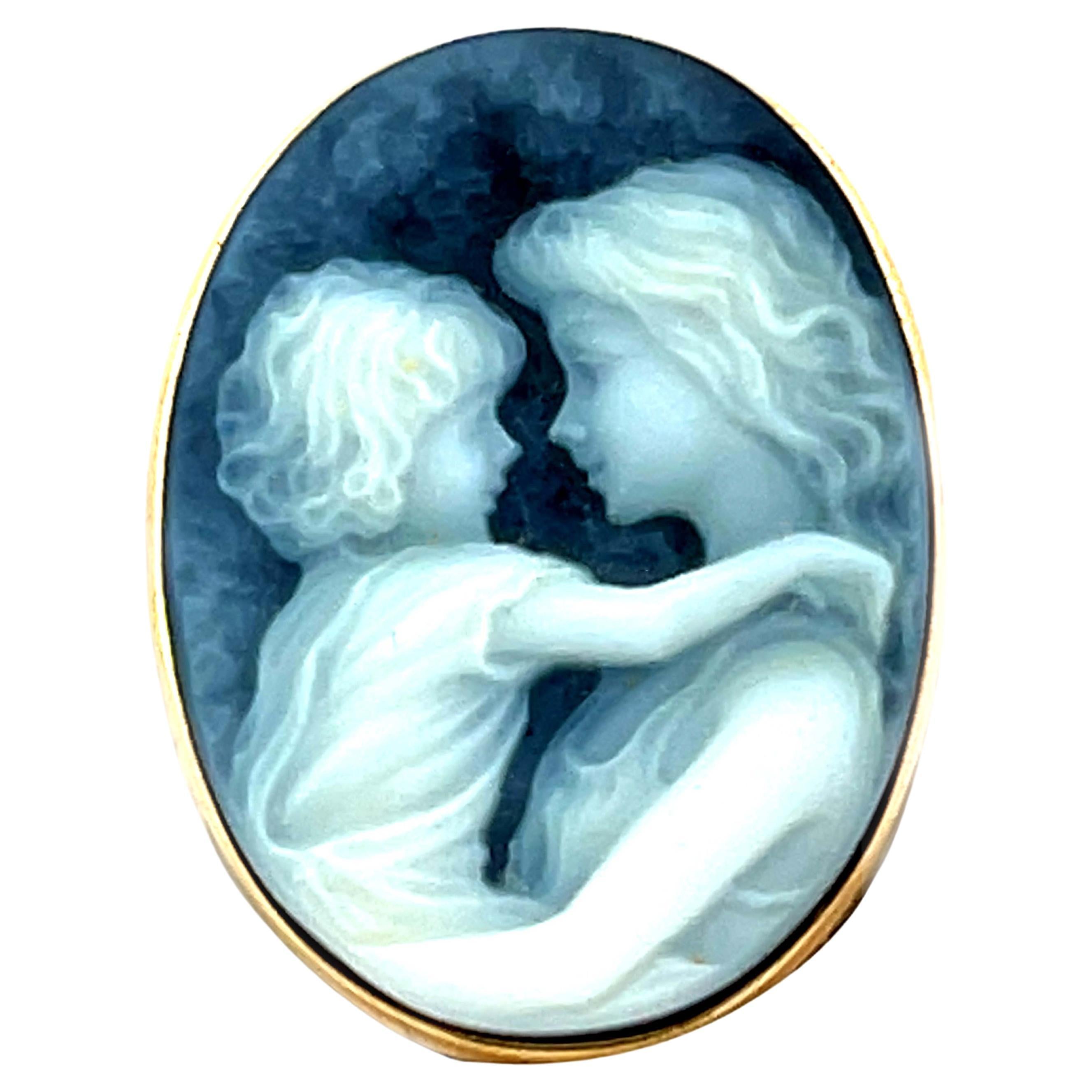 Oval Mother and Child Cameo Pendant/Brooch 14k Yellow Gold