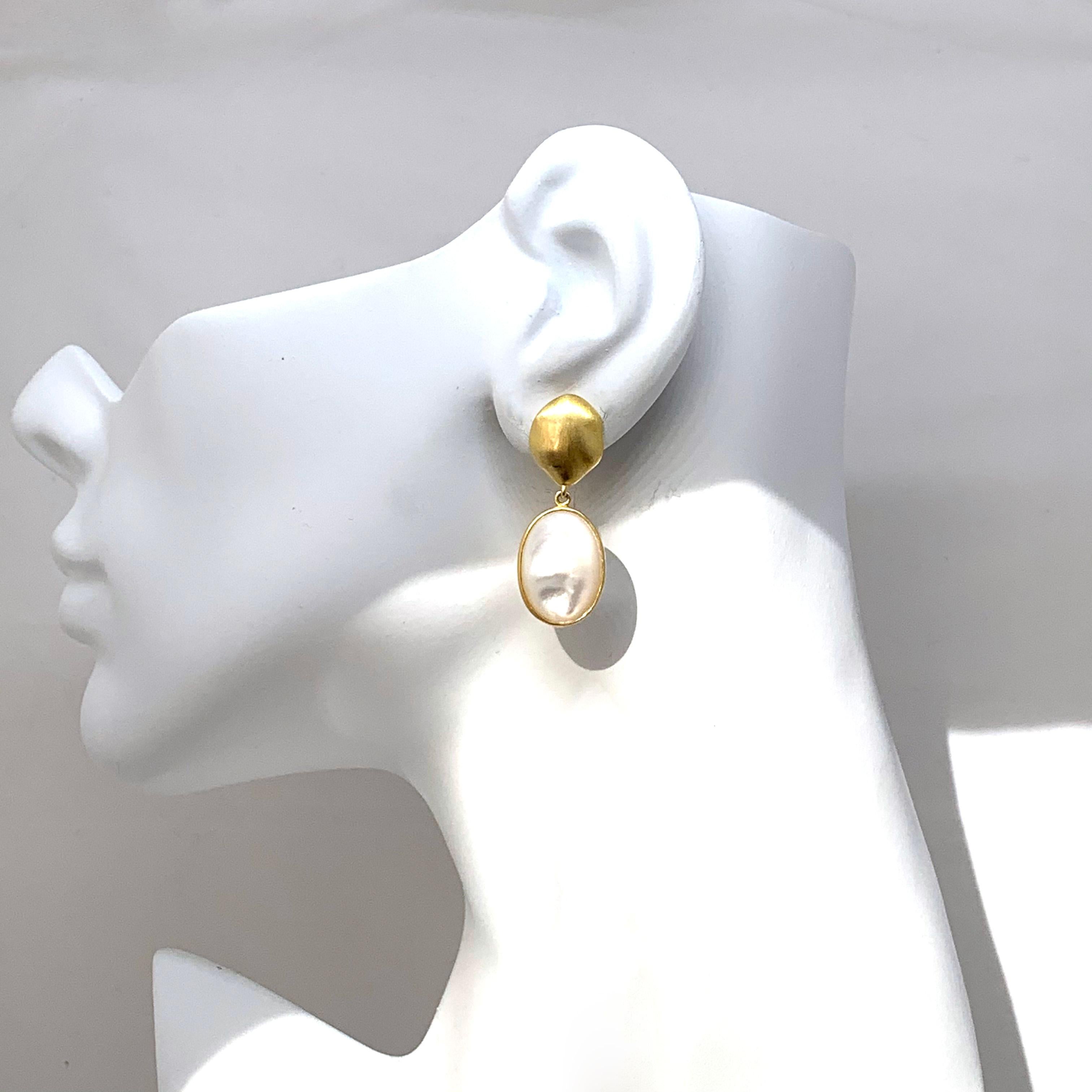 Contemporary Oval Mother of Pearl Vermeil Drop Earrings