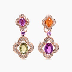 Oval Multi-Color Sapphire Pink Green Sapphire & Diamond 18K Rose Gold Earrings
