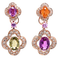Orecchini ovali con zaffiro multicolore, zaffiro verde e diamante in oro rosa 18 carati