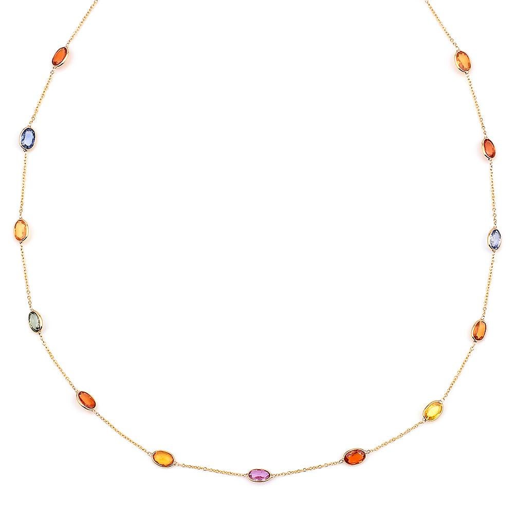 Oval Cut Oval Multi-Sapphire Bezel-Set Necklace, 18 Karat Yellow Gold