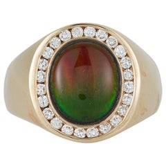 Oval Multicolor Ammolite Diamond Halo Mens Gents Unisex Dome Ring 14K Gold