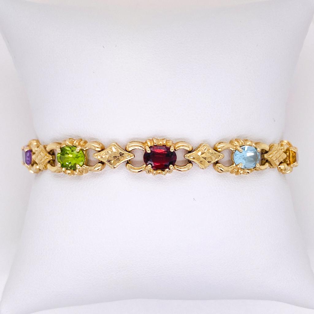 Contemporary Oval Multicolor Gemstone Bracelet, 14K Gold, Birthstones Dec Jan Aug Feb Nov For Sale