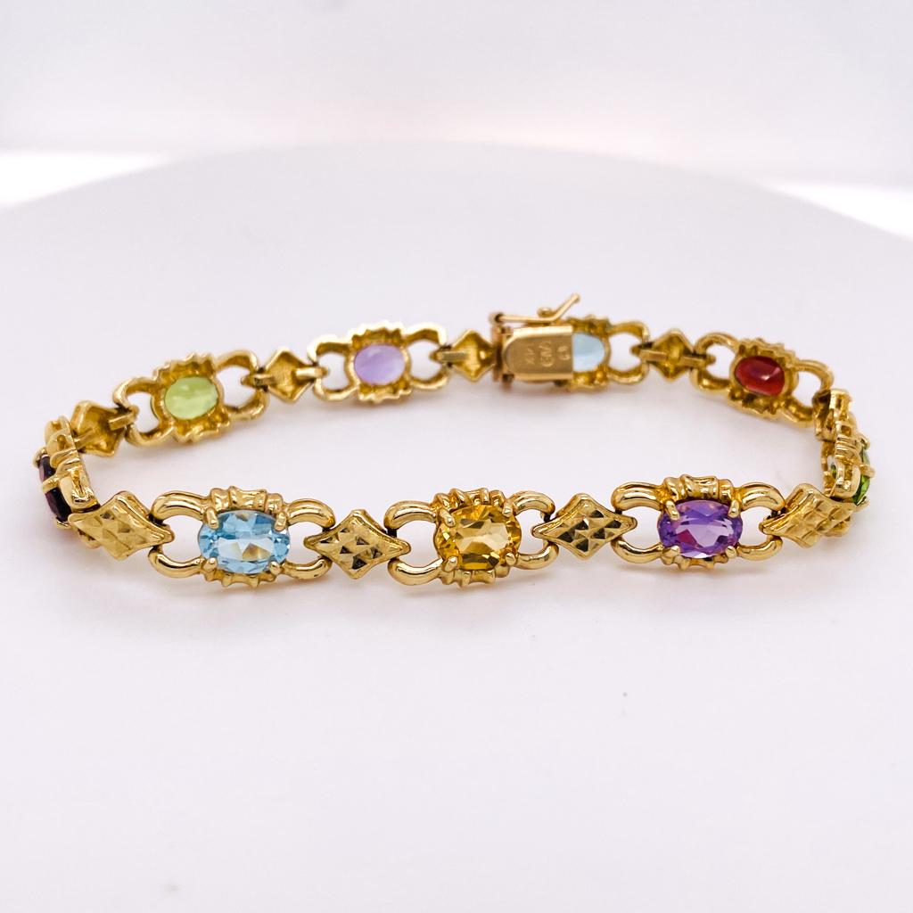 Oval Cut Oval Multicolor Gemstone Bracelet, 14K Gold, Birthstones Dec Jan Aug Feb Nov For Sale