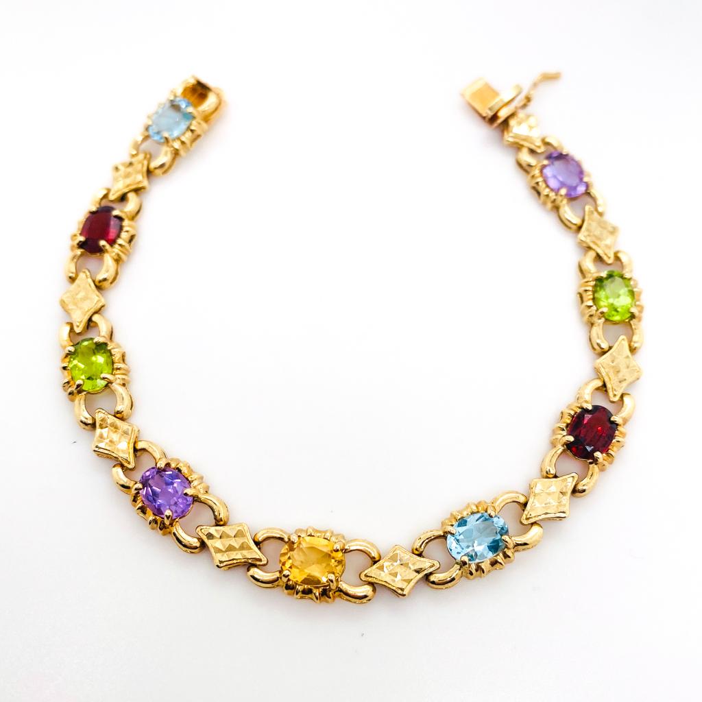 Women's Oval Multicolor Gemstone Bracelet, 14K Gold, Birthstones Dec Jan Aug Feb Nov For Sale