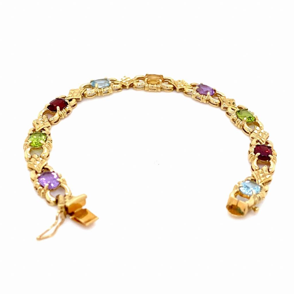 Oval Multicolor Gemstone Bracelet, 14K Gold, Birthstones Dec Jan Aug Feb Nov For Sale 1
