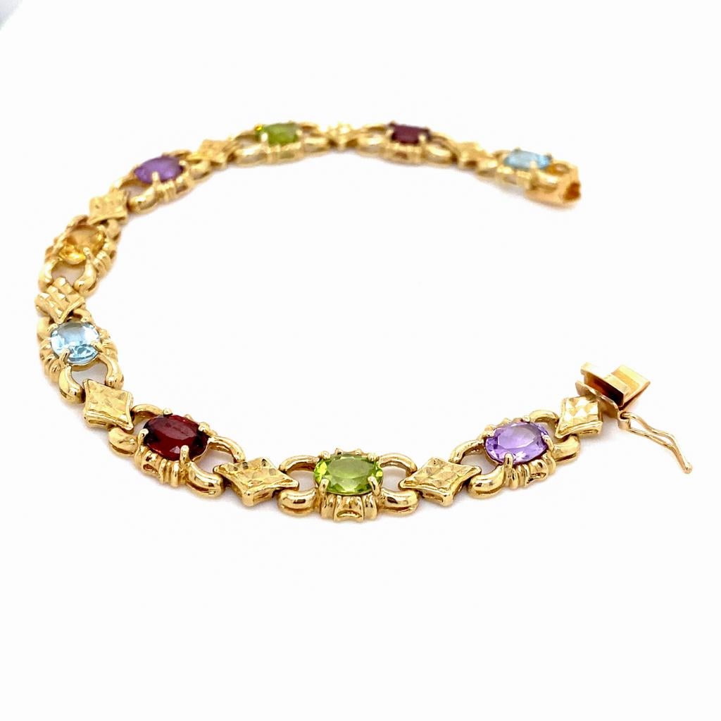 Oval Multicolor Gemstone Bracelet, 14K Gold, Birthstones Dec Jan Aug Feb Nov For Sale 2