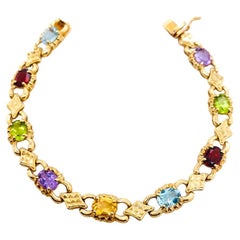 Vintage Oval Multicolor Gemstone Bracelet, 14K Gold, Birthstones Dec Jan Aug Feb Nov