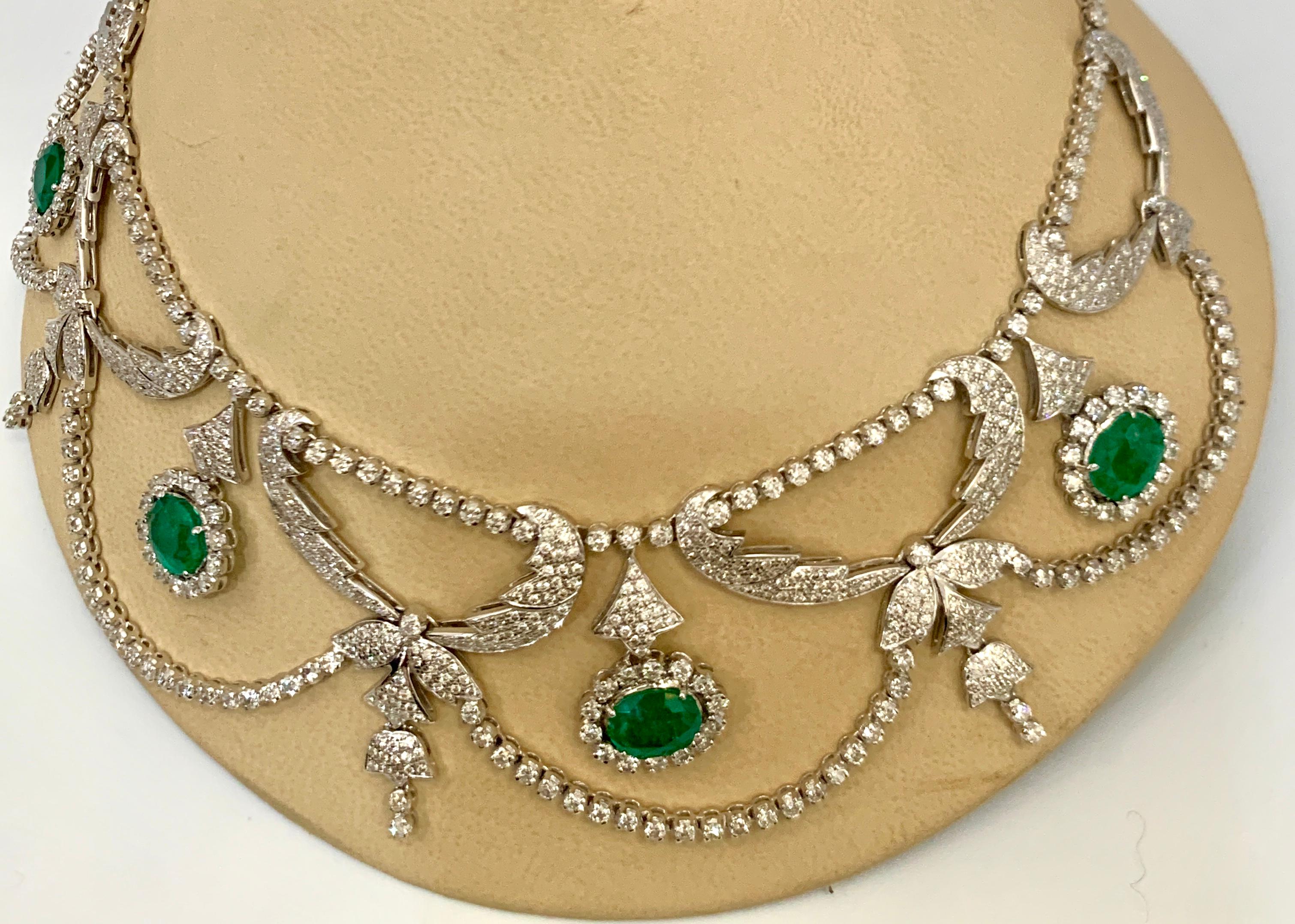 Oval Natural Zambian Emerald & Diamond Fringe Necklace and Earring Bridal Suite For Sale 10