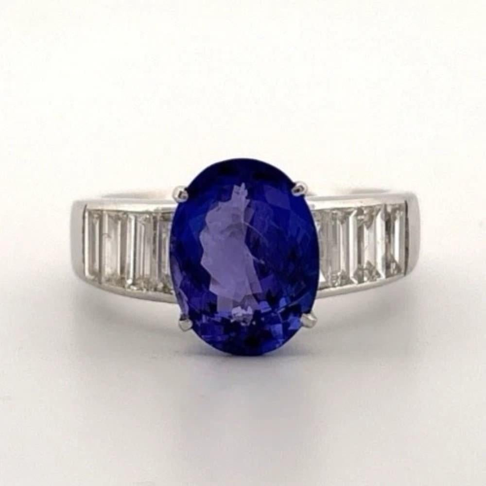 Oval Cut Oval Natural 2.79CT 18K/14K White Gold Tanzanite & Baguette Diamond Ring Size 7 For Sale