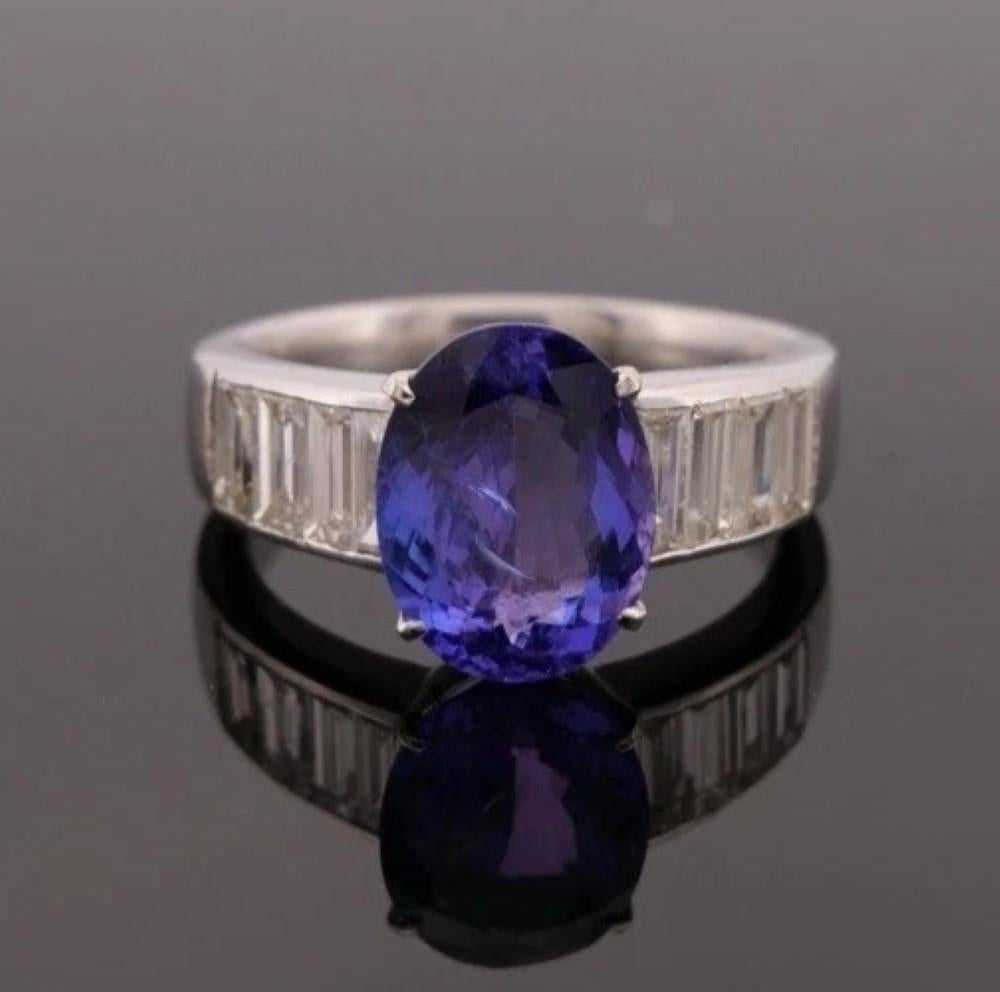 Oval Natural 2.79CT 18K/14K White Gold Tanzanite & Baguette Diamond Ring Size 7 For Sale 1