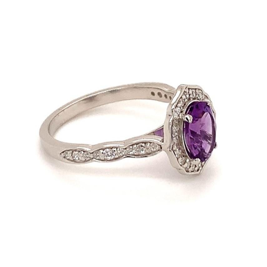 Oval Natural Amethyst with Cz, Rhodium over Sterling Silver Ring In New Condition In Fort Lee, NJ