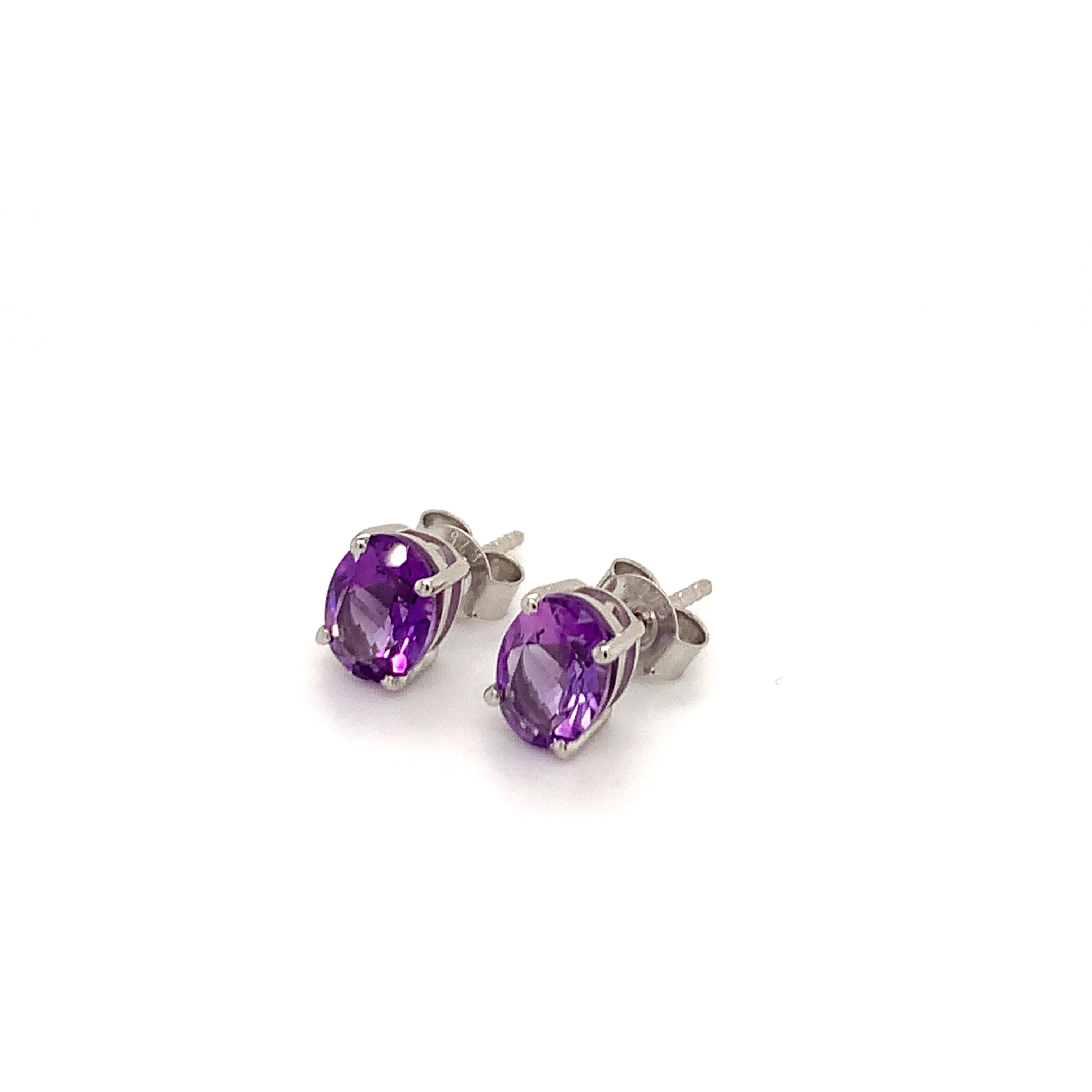 Oval Cut Oval Natural Amethyst Rhodium Over Sterling Silver Earrings For Sale