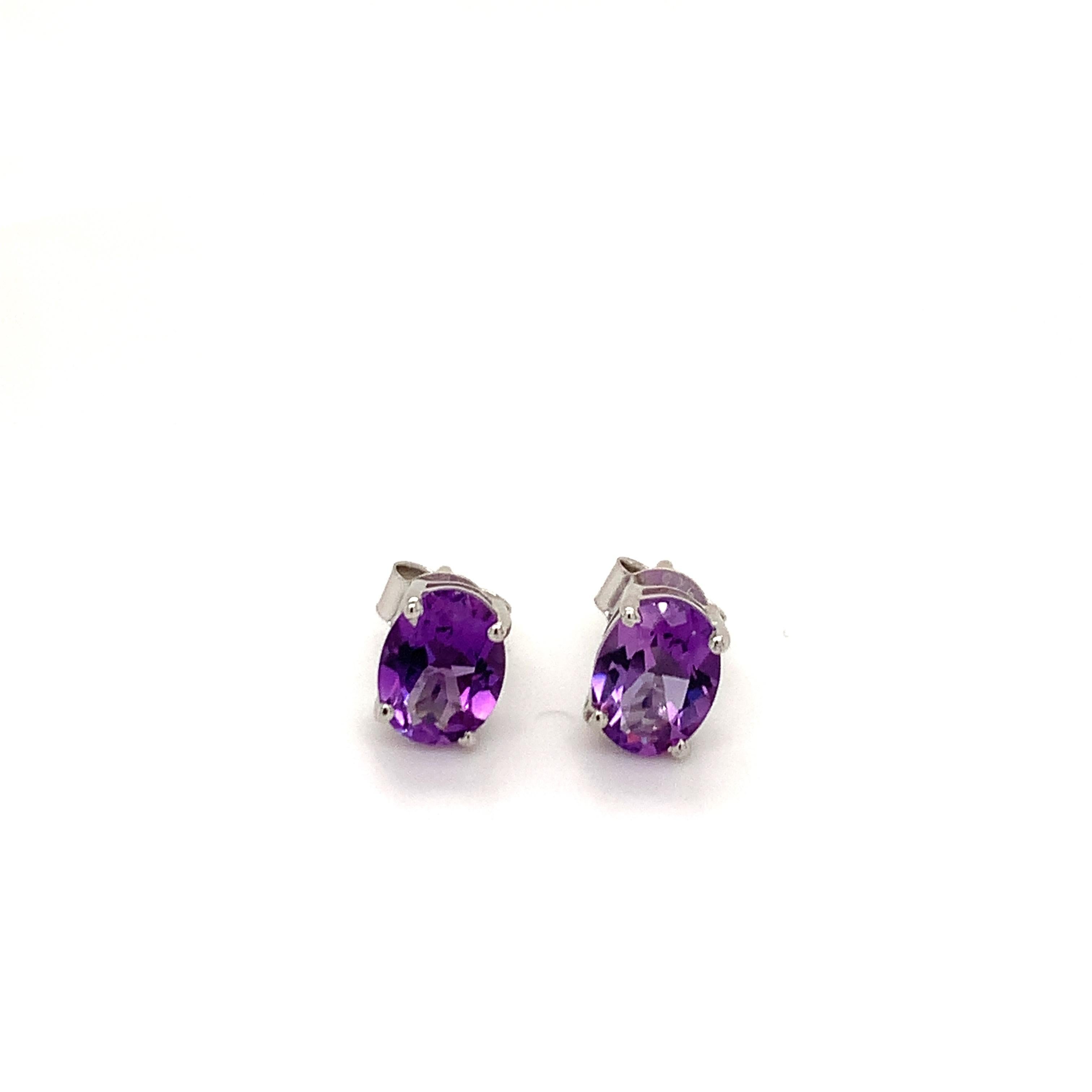 Oval Natural Amethyst Rhodium Over Sterling Silver Earrings In New Condition For Sale In Fort Lee, NJ