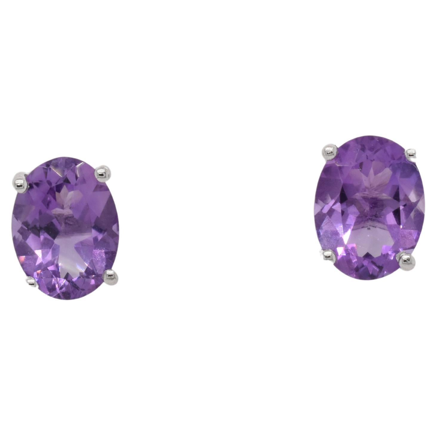 Oval Natural Amethyst Rhodium Over Sterling Silver Earrings For Sale