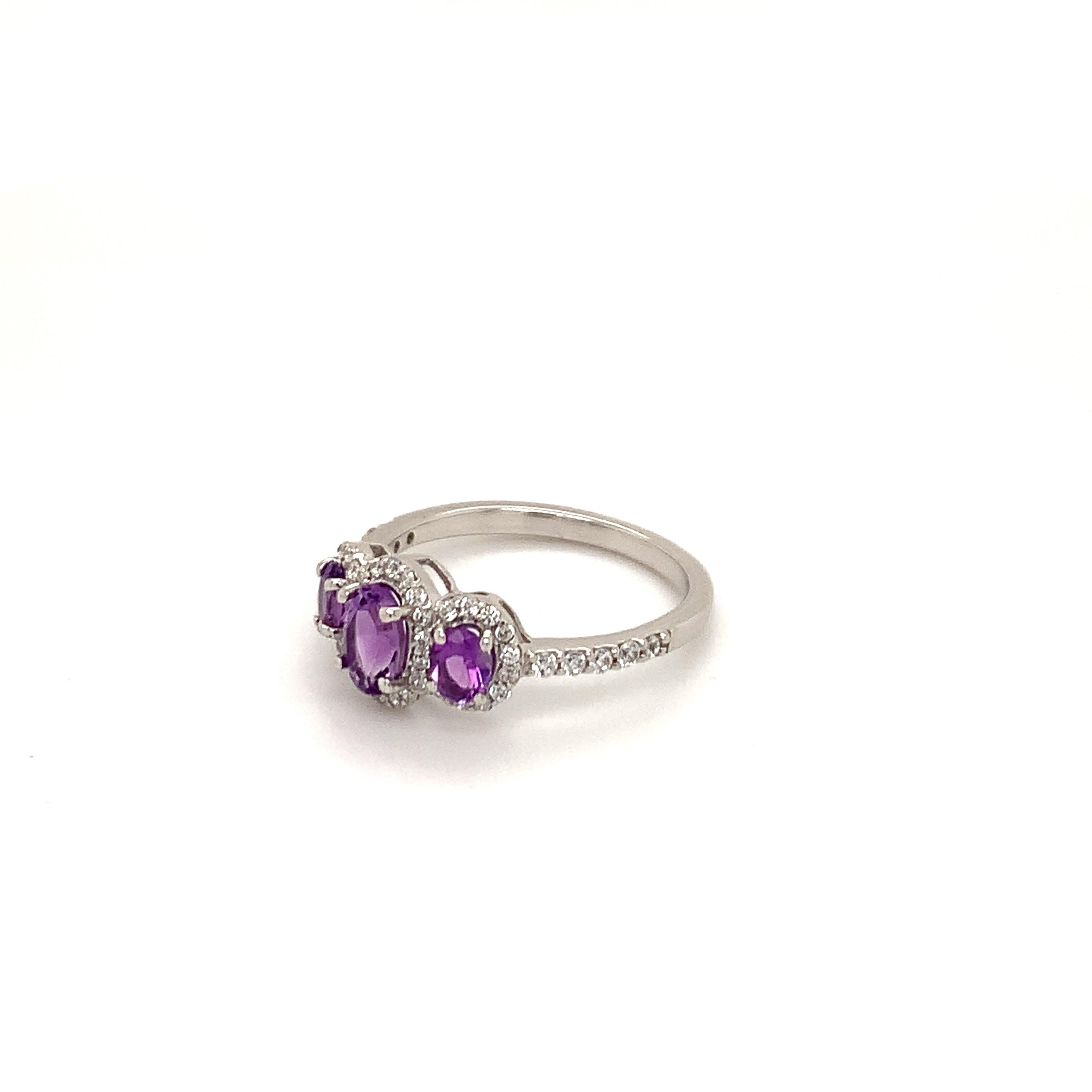 Oval Cut Oval Natural Amethyst And CZ Rhodium over Sterling Silver Ring For Sale