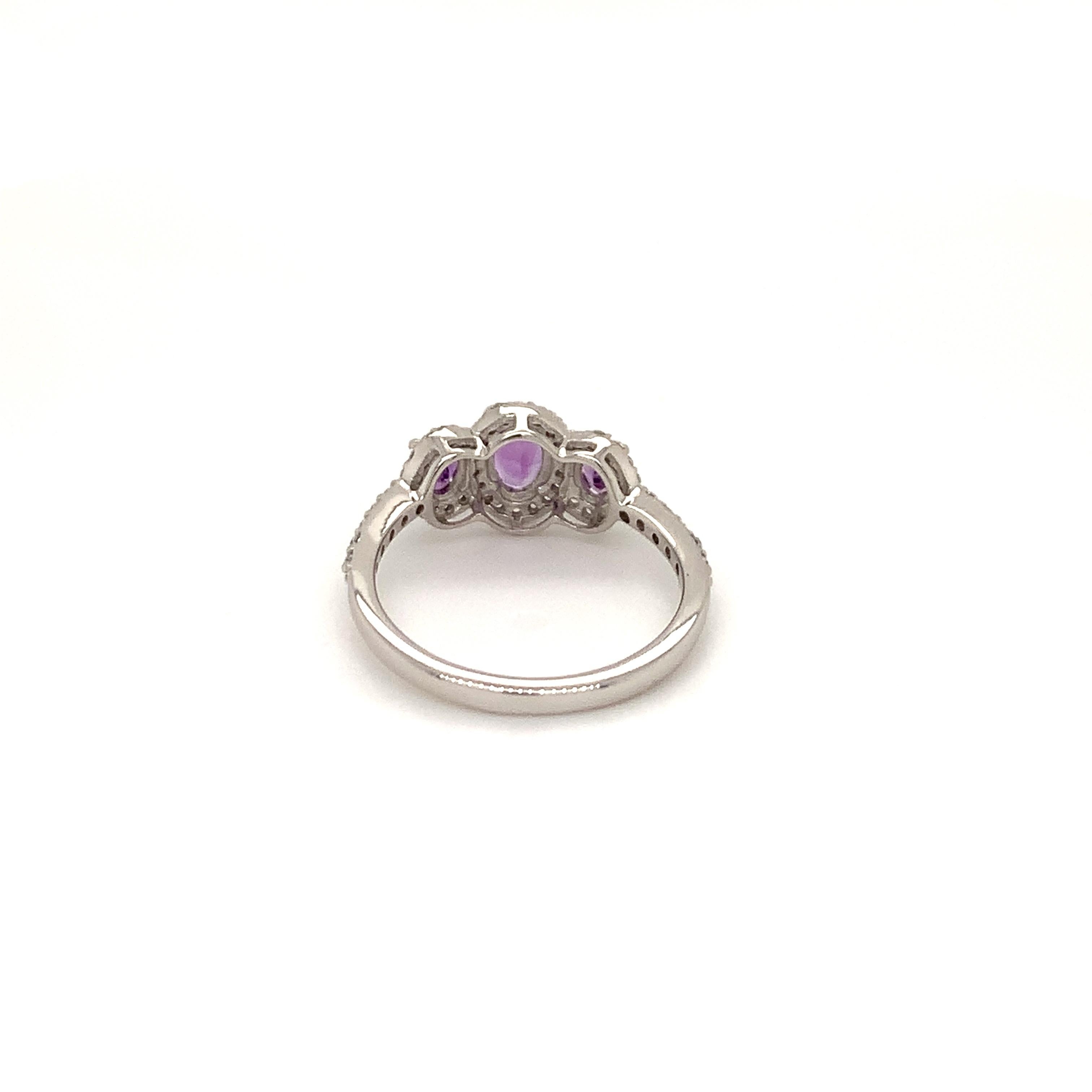 Oval Natural Amethyst And CZ Rhodium over Sterling Silver Ring In New Condition For Sale In Fort Lee, NJ